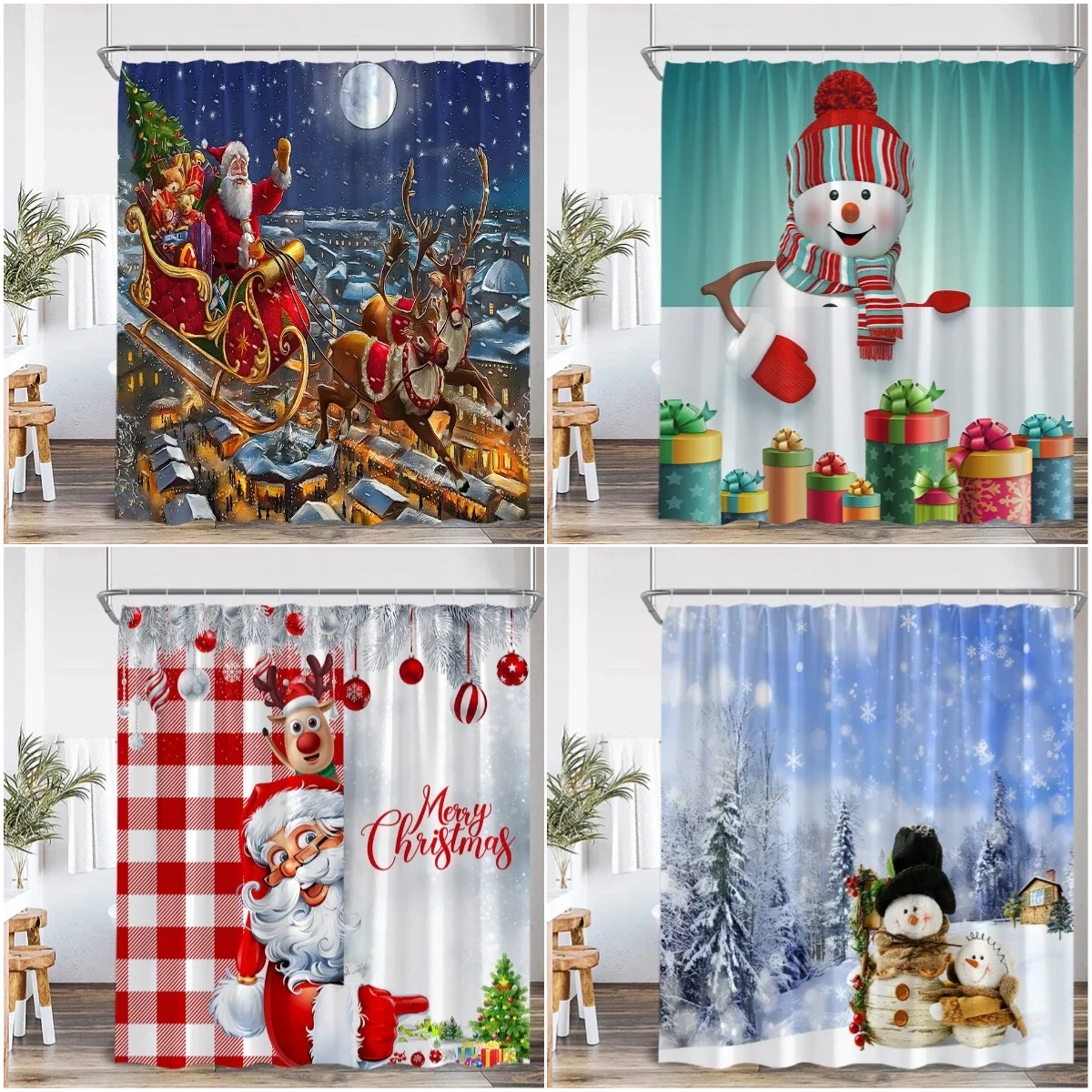 Merry Christmas Shower Curtain Santa Claus Snowman Snow Winter Holiday Bathroom Curtain Happy New Year Polyester Bathtub Decor