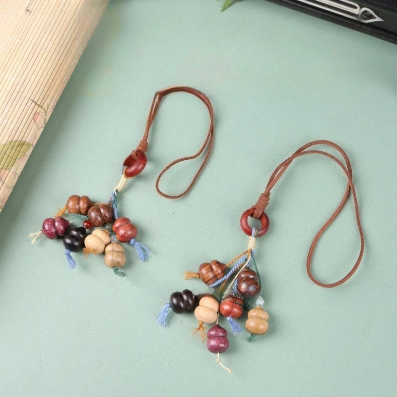 Sandalwood Multi-gourd Key Pendant With Colorful Braided Rope, DIY Couple Ornament, Lucky Wenwan Accessory For Key And Handbag