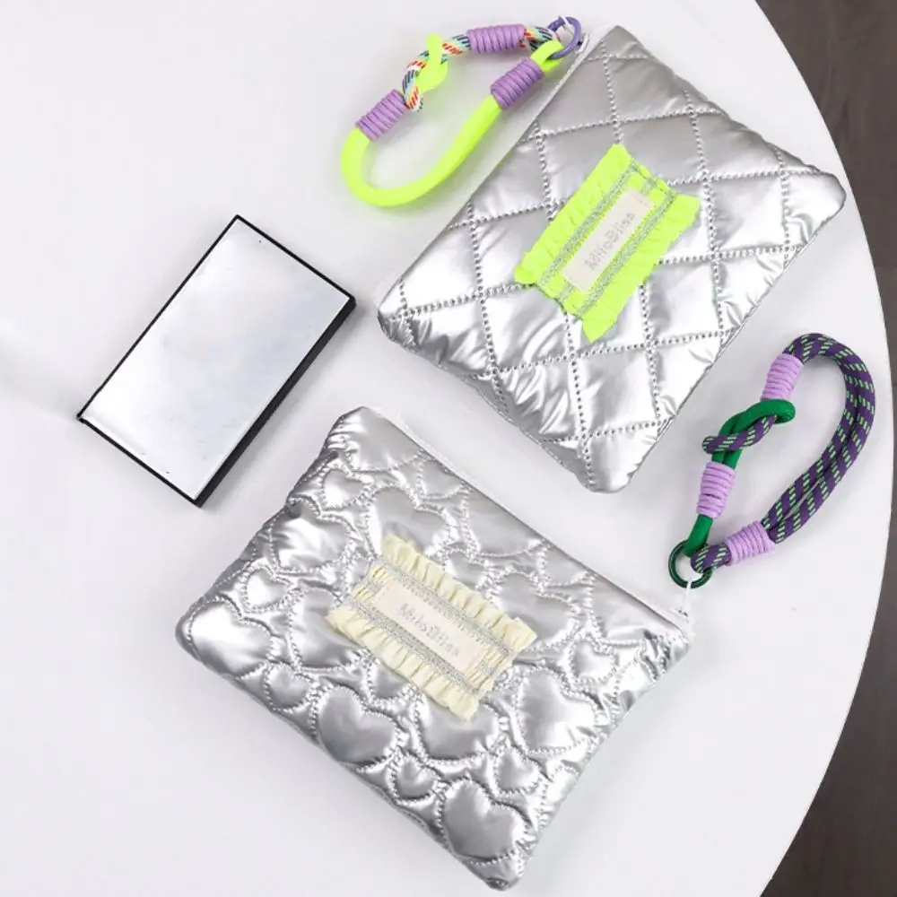 Love Heart Silver Coin Purse Korean Style Wallet Small Item Bag Makeup Organizer with Hanging Rope Stuffed Cotton Cosmetic Bag