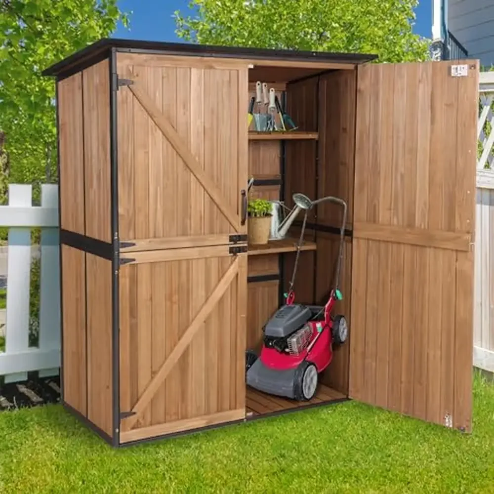 

Large Outdoor Storage Shed with Adjustable Shelves and Lockable Door Metal Frame Cedar Wood Bike Tool Cabinet 4.6x2.42ft