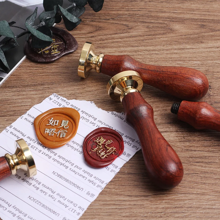 Antique Red Wood Wax Seal Handle With Replaceable Copper Stamp Head DIY Handicraft Wedding Invitation Retro Sealing Stamp Tool view 5