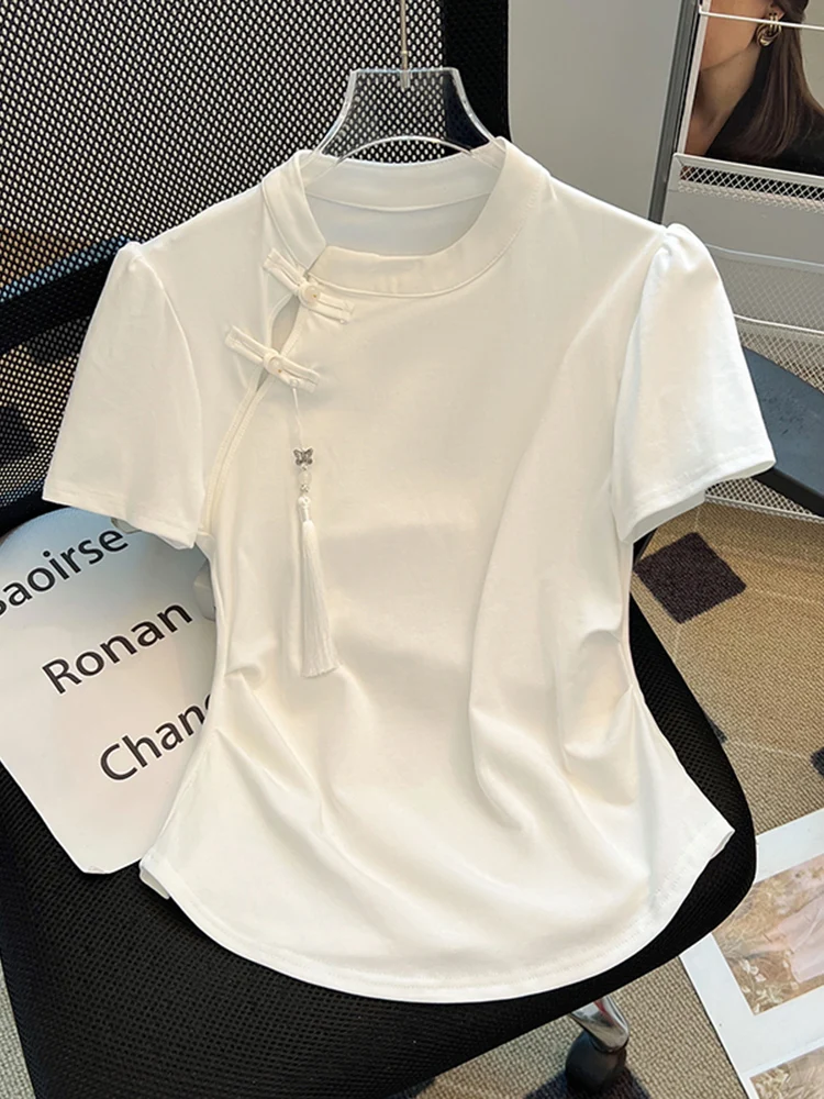 新しい中国風スレオルトスヴェティート女性用サマーラウンドネックボタンアップトップス、肩丈ストレートカットベーシックカラーブロ