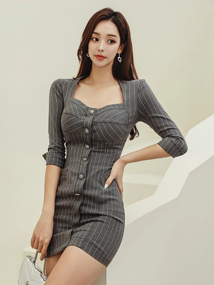 New Commute Lady Work Style Formal Pencil Dress Women Clothes Striped Elegant Office Sexy Square Collar Slim Short Mini Vestidos