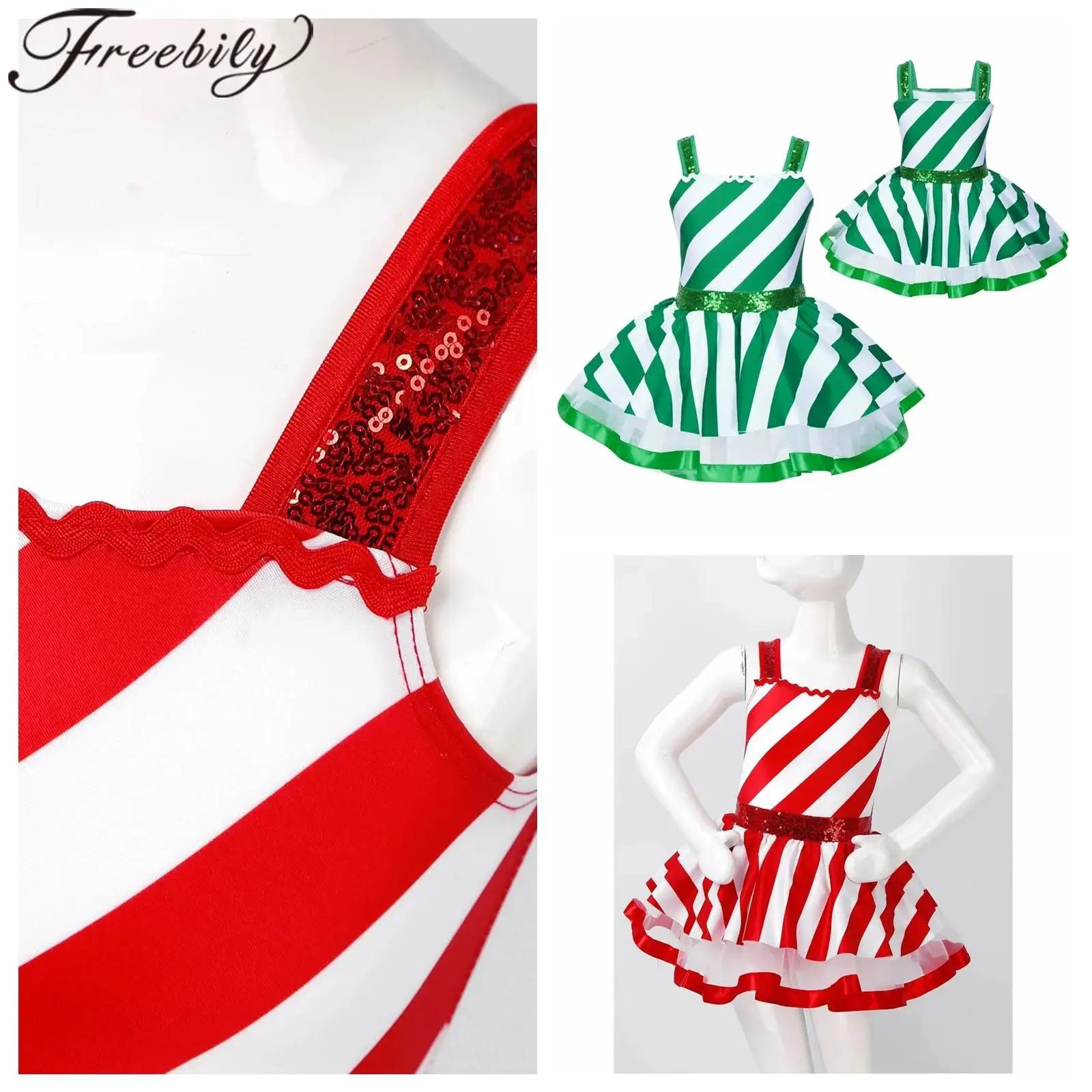 

Childrens Xmas Tutu Kid Carnival Christmas New Year Dress for Girls Santa Claus Cosplay Costume Striped Figure Skating Red Dress