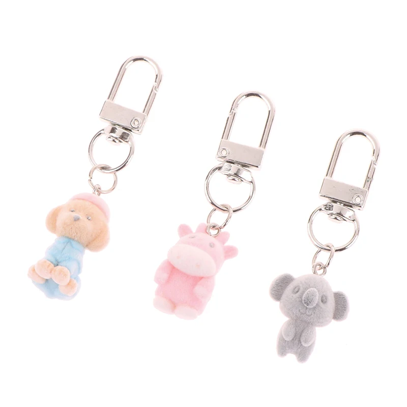 3D Cute Flocking Puppy Calf Koala Plush Keychain Cartoon Flocked Dog Keyring Animal Pendant Backpack Charms Car Bag Decor Gifts