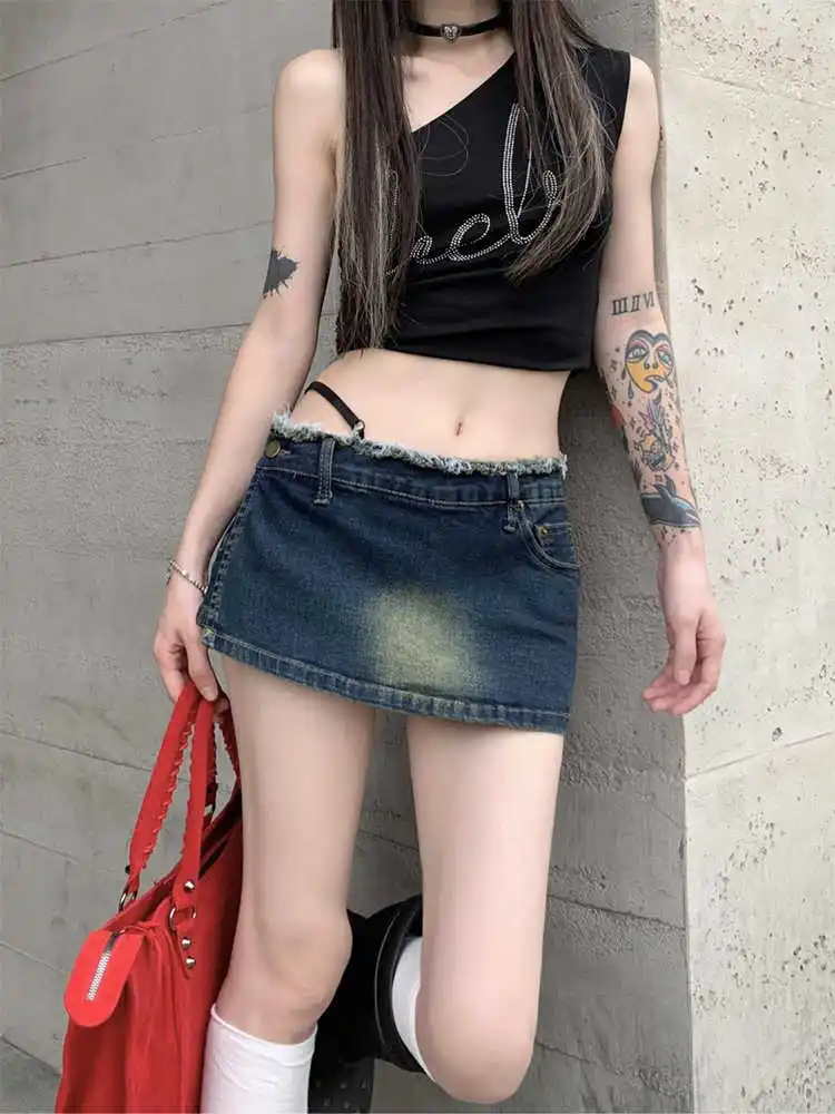 تنورة نسائية صغيرة من قماش الدنيم 2000s جمالية هاراجوكو يابانية منخفضة الارتفاع كوكيت جيارو تصميم أمريكي عتيق عالي الشارع Kpop Y2k