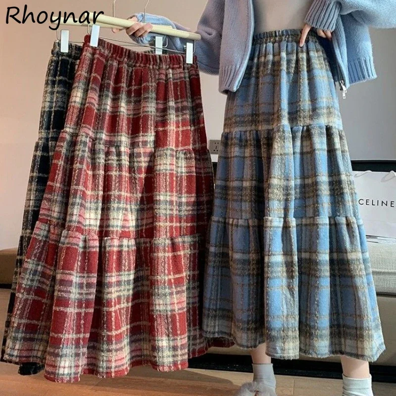 

Woolen Plaid Midi Skirts Women Autumn Winter High Waist A-line Faldas Loose Thicker Patchwork Pleated Vintage Harajuku All-match