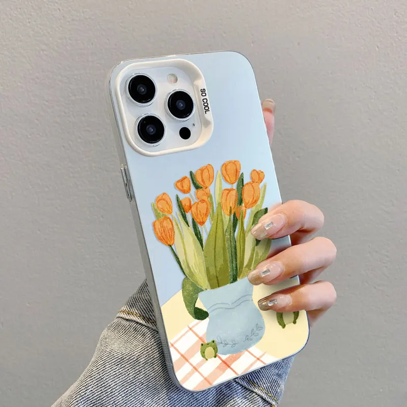 

Hand-Painted Cat And Fresh Floral Laser Phone Case For iPhone 15 14 Plus Pro Max 17 16 Pro Max 13 Mini 12 11 Pro Max Cover Funda
