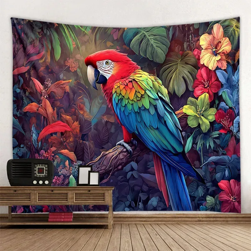 VIKAMA Dschungelvogel-Wandteppich, psychedelischer Wald-Wandbehang, exotische Vogeldekoration, geeignet für Schlafzimmer und Yogastudios