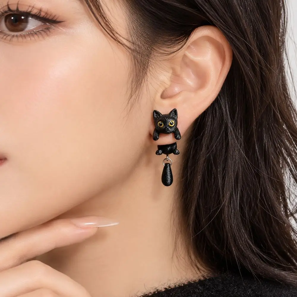Resin Black Cat Earrings Gold Eyes Dangling Tail Charm Animal Dangle Earrings Black Textured Finish Cat Stud Earrings