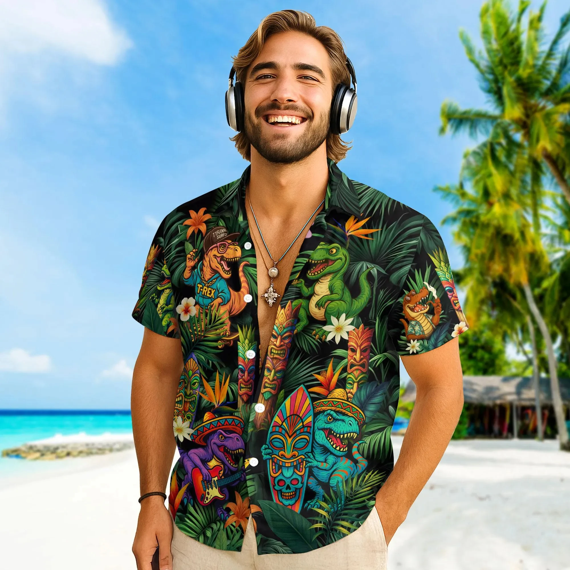 

Гавайские рубашки с динозаврами 2026, летние пляжные рубашки с динозаврами, рубашки тики для мужчин, гавайские рубашки с динозаврами для женщин