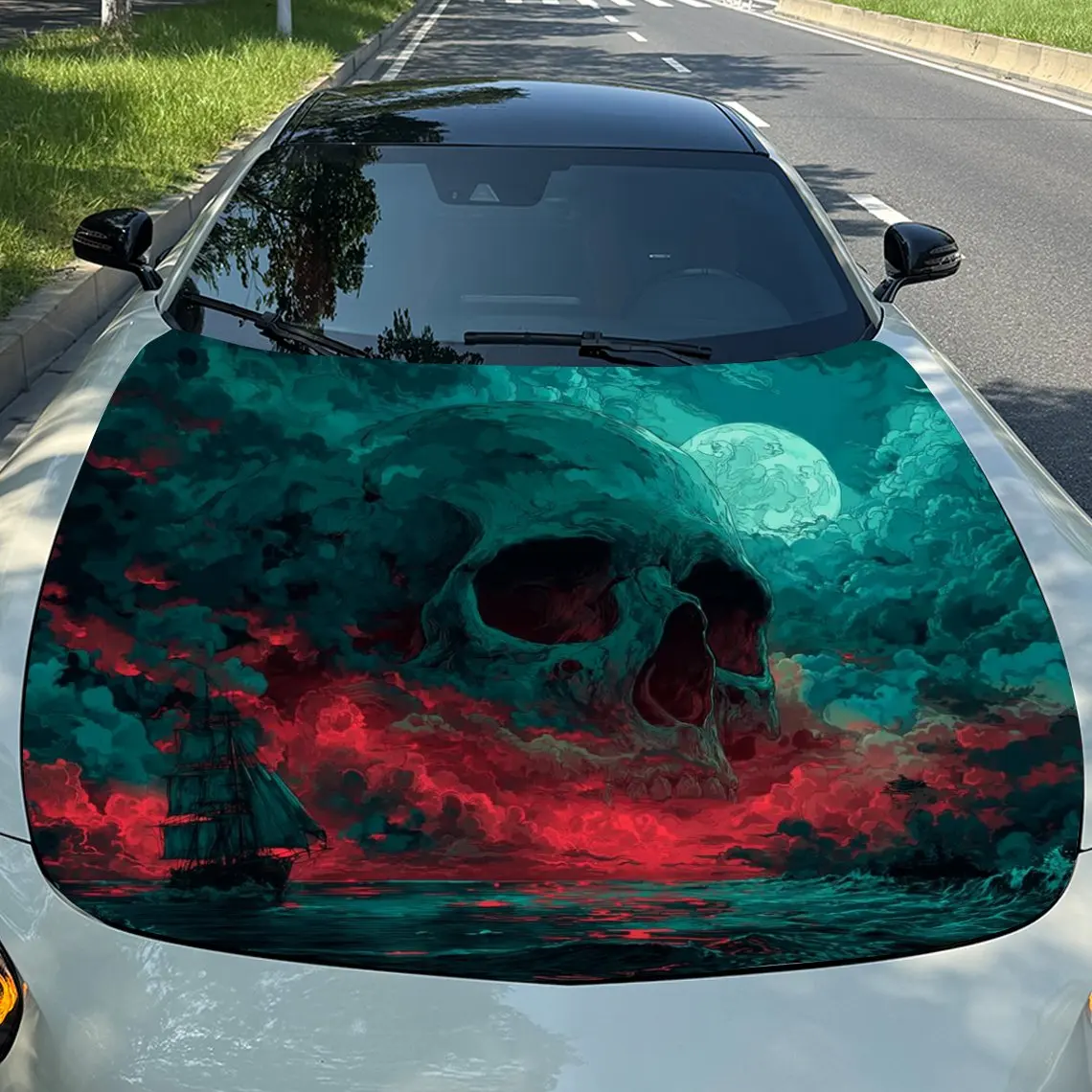 Nether Sea Skull Red Moon Lone Boat Car الفينيل التفاف، المواد البلاستيكية مقاوم للماء ملصق غطاء السيارة، ذاتية اللصق مقاومة للخدش St
