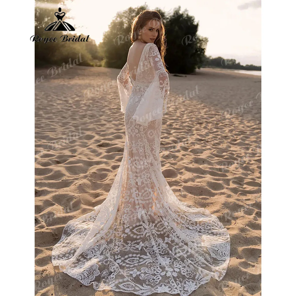 Modest Long Sleeve Elopement Lace Bohemian Hollow Sheath Wedding Dress with V Neck 2024 Garden Bridal Gown Custom Made Roycebrid