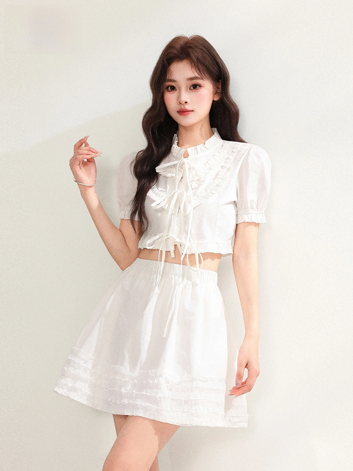 

White Ruffle Collar Doll Neck Two-Piece Set Women's Summer Casual A-Line Skirt Ensemble Spring Fashion Adult Size