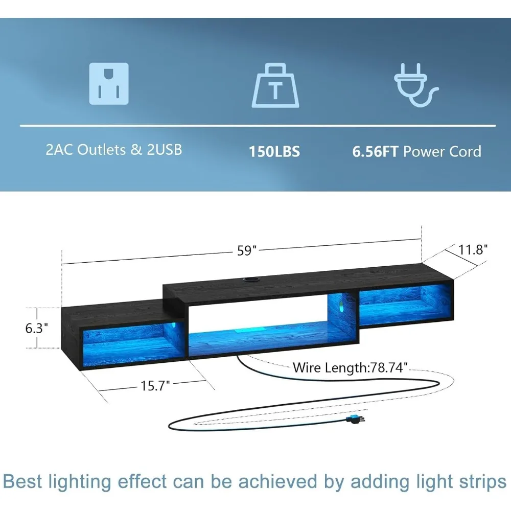 Floating TV Stand with LED Lights and Power Outlet, 59” Floating Entertainment Center Under TV muebles de tv