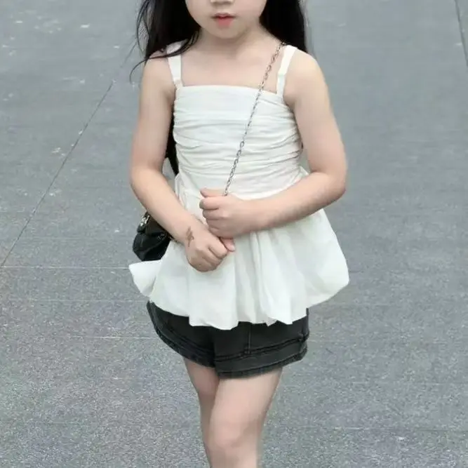 100-160cm Girls' Summer New Korean Version Clothing Set, Sweet Ruffled Hem Skirt Top, Blue Denim Shorts Set for Baby Girls