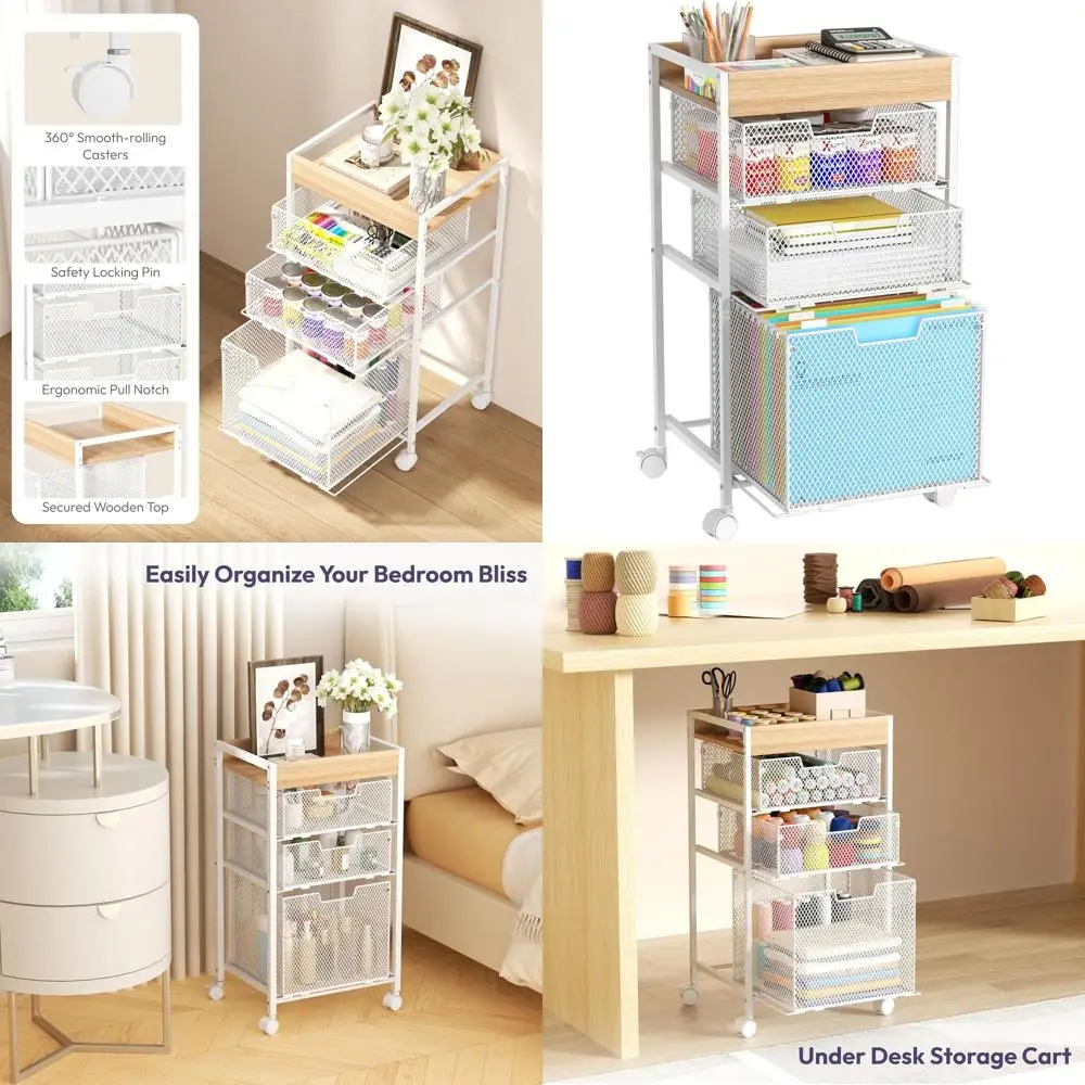 

4-Tier Rolling Under Desk Storage Cart - Mobile Metal Office Organizer for Home and Work, White