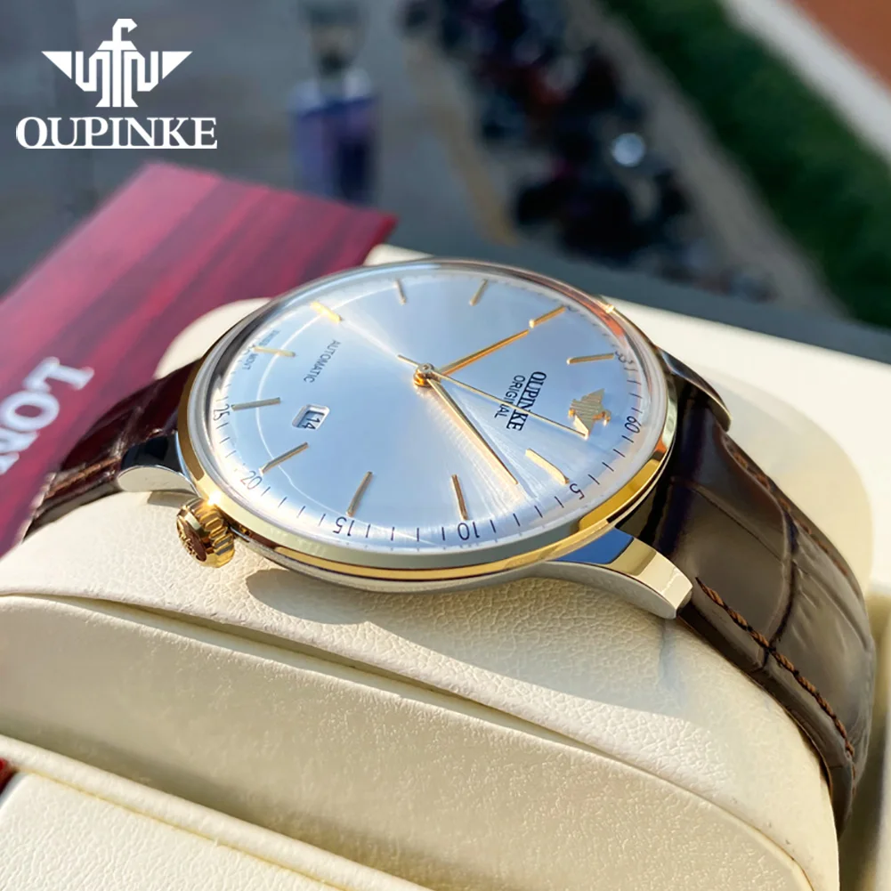 OUPINKE 3269 Swiss Automatic Man Watch Genuine Leather Strap Ultra Thin 7.33 Mechanical Watch High Quality Luxury Men's Watches
