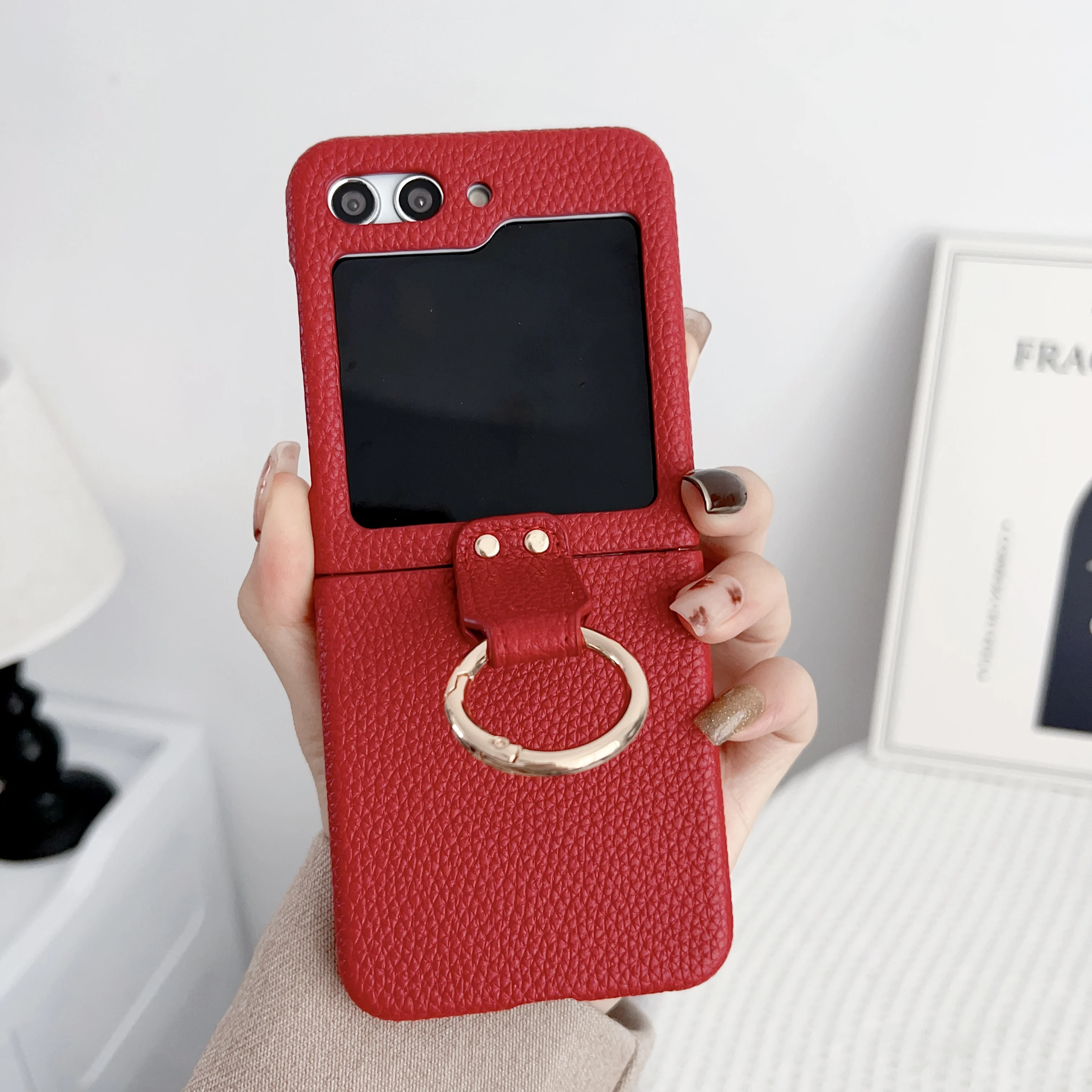 Shockproof Litchi Leather Matte Hard Case For Samsung Galaxy Z Flip 5 6 4 3, Slim Finger Ring Holder Stand Phone Cover Funda