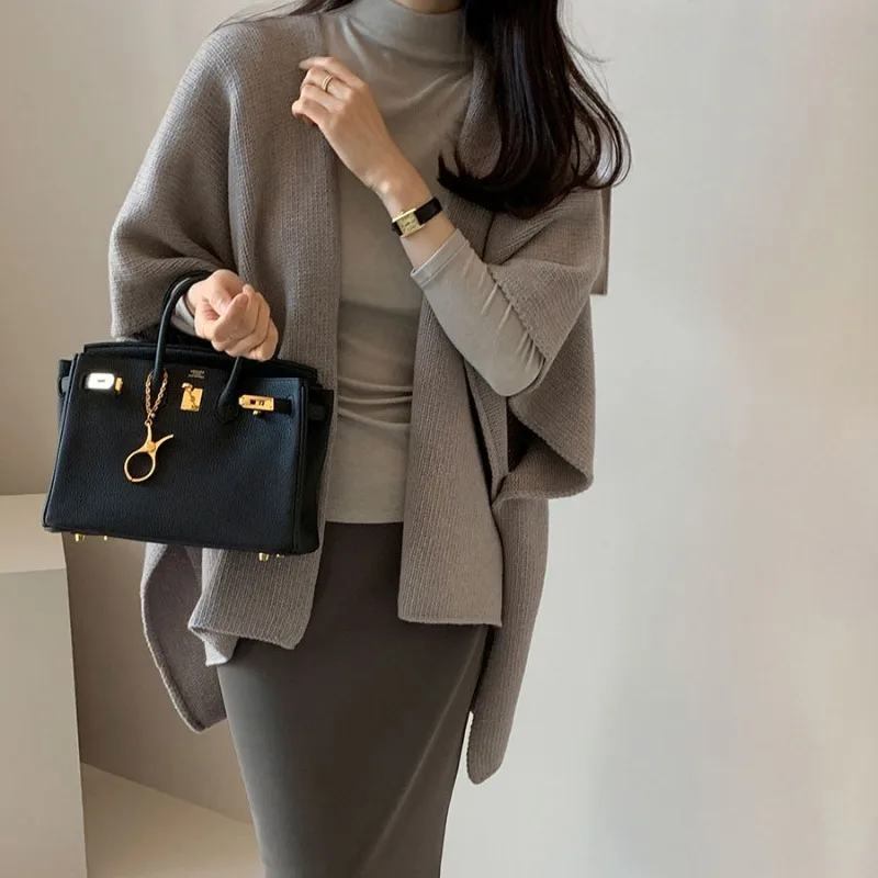 موضة أنيقة شال محبوك سترة الكورية نمط المرأة عادية فضفاض دافئ عباءة علوية بلون سترة مشغولة من الصوف معاطف سترة #5