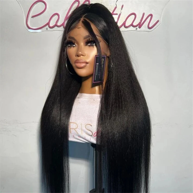 ZXBMALWIGS  Light Yaki Black Hair Synthetic 13X4 Lace Front Wigs Kinky  Straight Wig Soft  High Temperature Fiber Cosplay Party