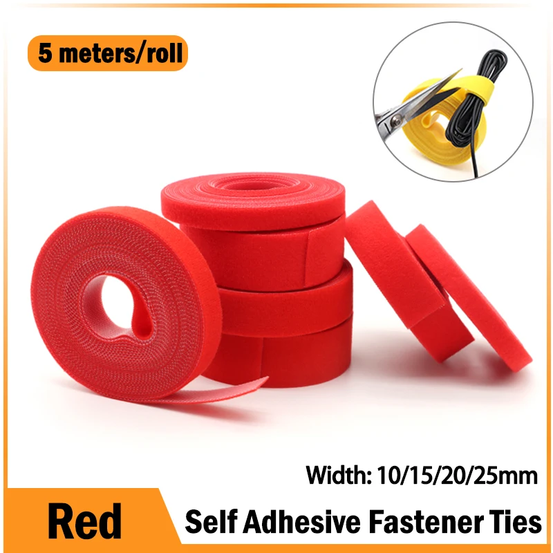 

5m/roll Red Cable Ties Reusable Loop Bundle Self Adhesive Nylon Strap Organizer Clip Wire Holder Management Fastening Tape DIY