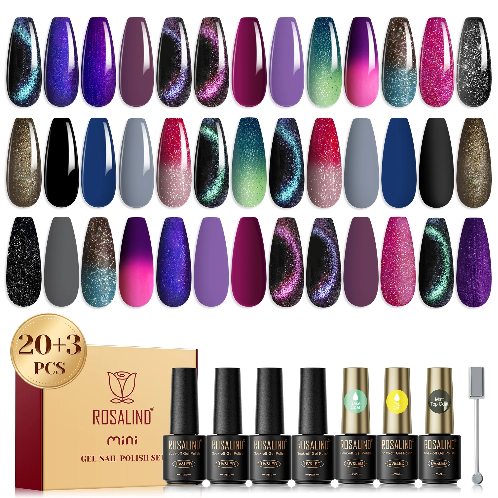 

ROSALIND 23PCS Set Temperature Changed Gel Nail Polish UV Nail Art Semi Permanent Varnishes Soak Off Base Top Coat Gel Polish