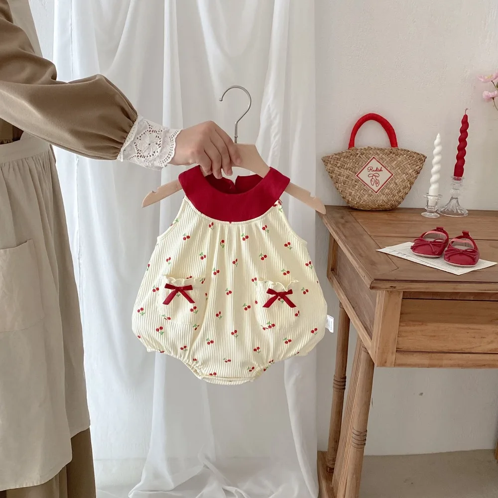 2026 Smmer Baby Girl Romper 0-2Years Newborn Princess Sleeveless Cherry Pattern Bow Bodysuit Outfits Cotton Sunsuit Clothes
