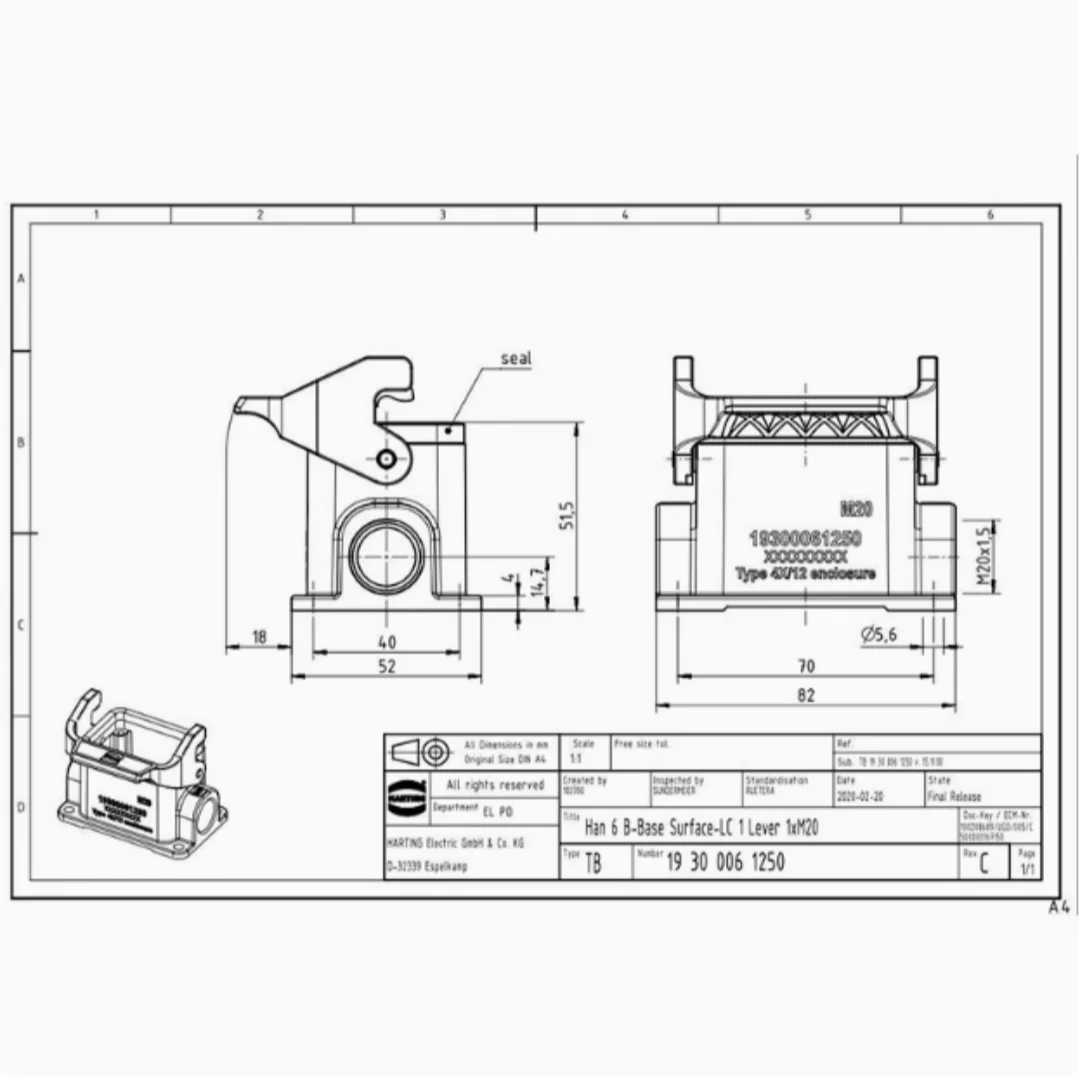 1pcs 19300061250 HARTING high base single latch Han-6B-asg1-LB-M20 original imported