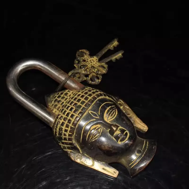 Chinese Old Style Big Brass Carved Buddha Head Statue Lock with 2 Keys Home Decorations Handicraft