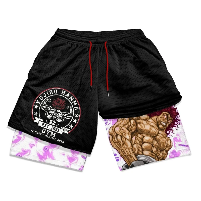 Anime Baki Hanma Gym Workout Shorts for Men Athletic Quick Dry 2 in 1 Compression Shorts Cosplay Costume