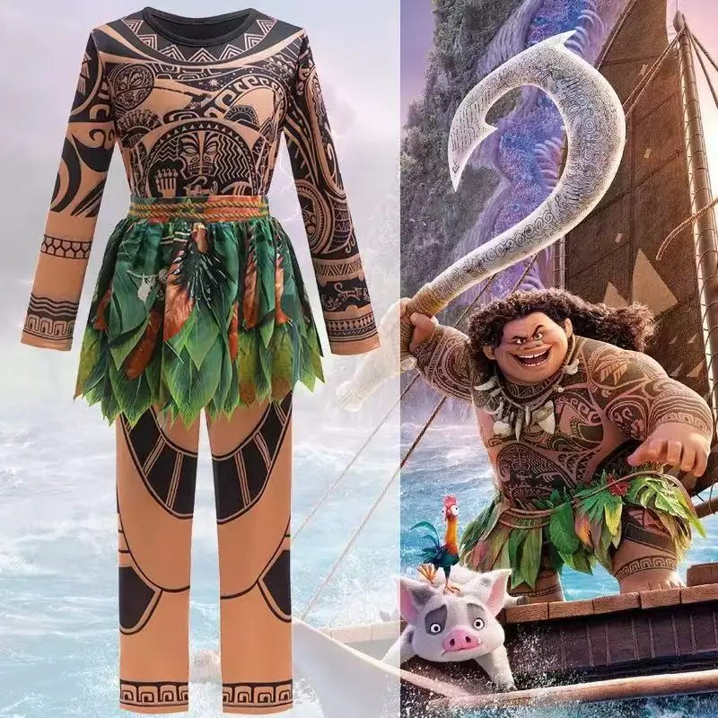 Disney Moana 2 Maui Cosplay Jumpsuits Tattoo Costume Boys Girls Maui Print Leaf Suits Movie Character Halloween Costume 2-10Yrs