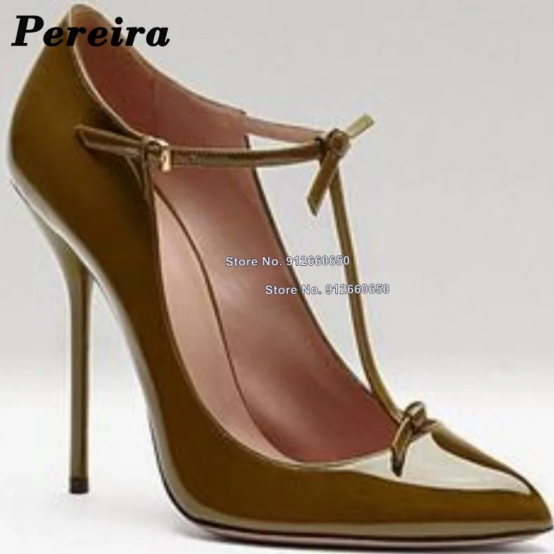 Pereira Solid Bow Knot T-strap Pumps for Women Pointed Toe Buckle Strap Block Heel Wedding Shoes Thin High Heel Shoes on Heels