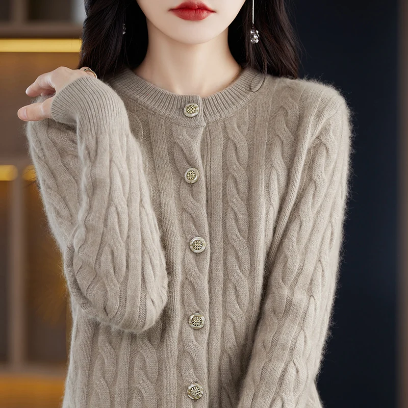 BELIARST Autumn Winter 100% Mink Cashmere Women\'s Clothes Round Neck Cardigan Knitted Solid Color Sweater Twisted Flower BR-050