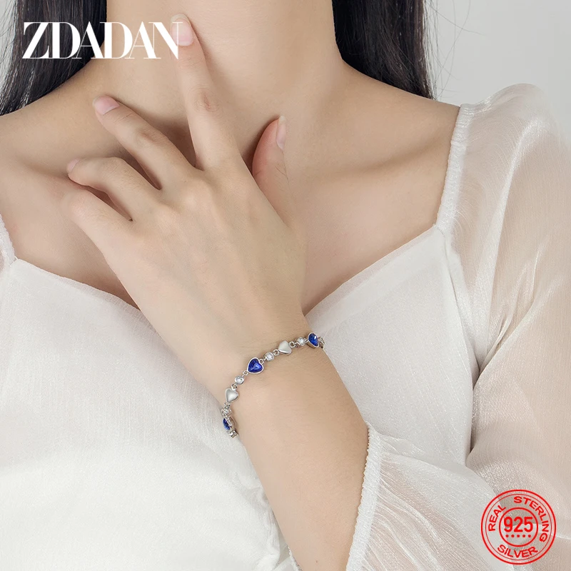 ZDADAN 925 Silver Blue Heart Crystal Charm Bracelet Chains For Women Fashion Jewelry