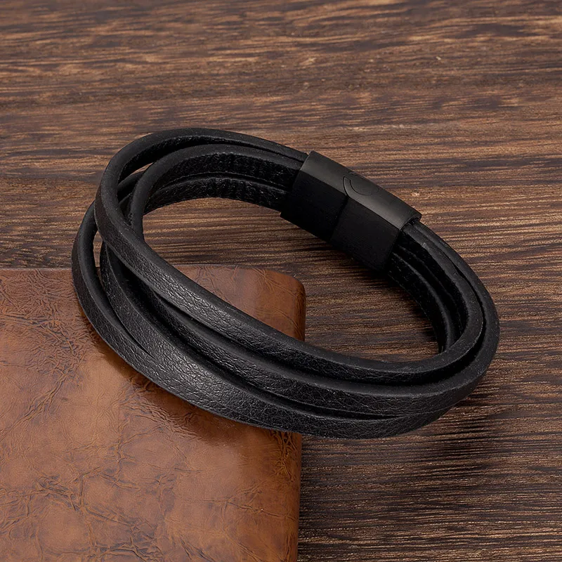 MKENDN Punk Men Multilayer Genuine Leather Bracelet Black Stainless Steel Magnetic Buckle Bracelet Gifts Homme Pulseras