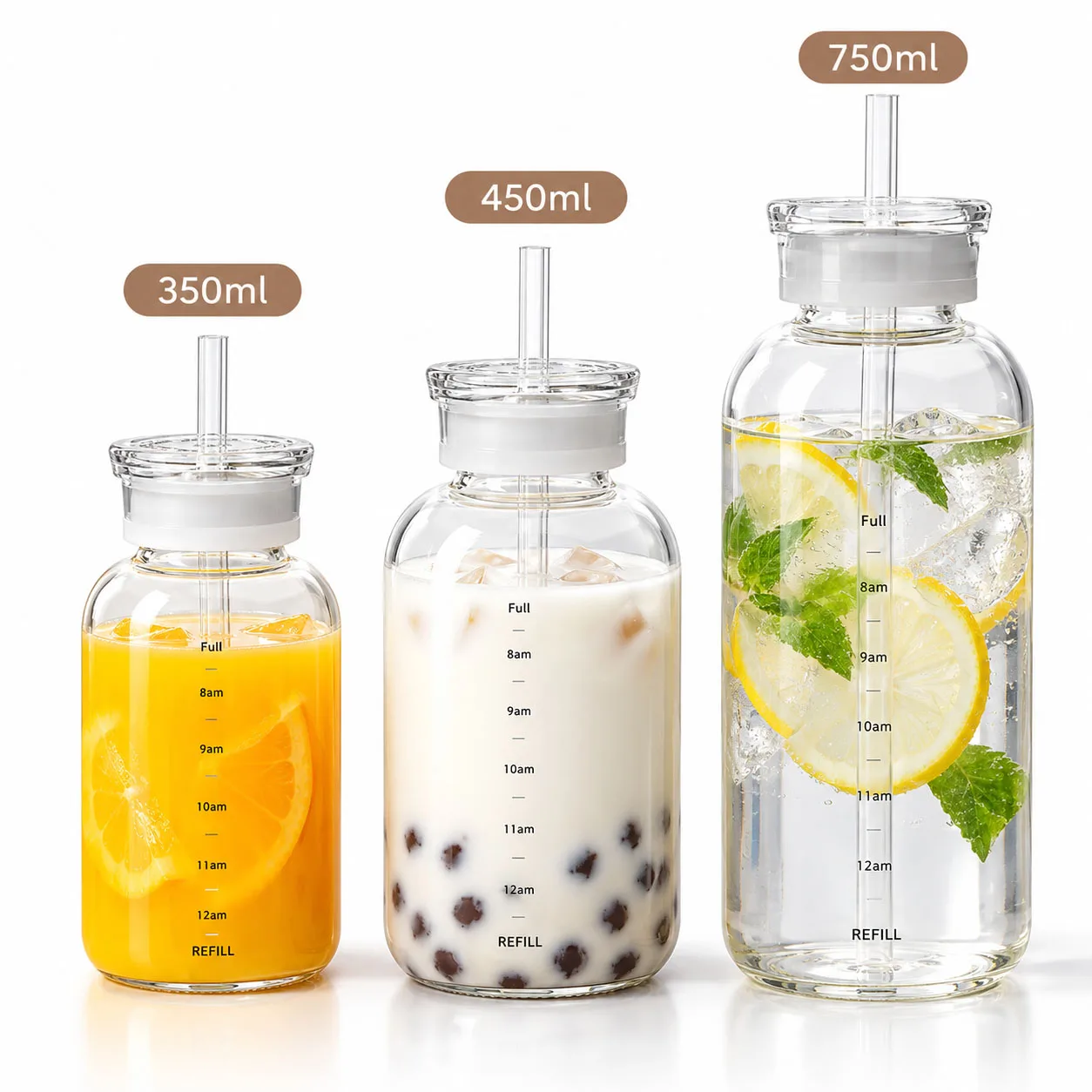 300/500/750ml Large Glass Water Bottle with Straw 2 Lids Clear Kawaii Drinking Bottle Leakproof Iced Coffee Cup for Woman Girl