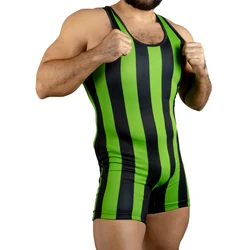 Green Vertical Stripes Wrestling Singlets Running Wear Suit USA Triathlon One Piece Bodysuit Iron WWE Gym Sport Fitness Skinsuit