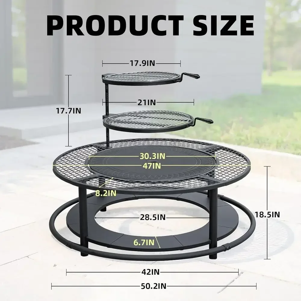 Outdoor 50 Inch Fire Pit Table with Grill Grates, Wood Storage, and Safety Barrier