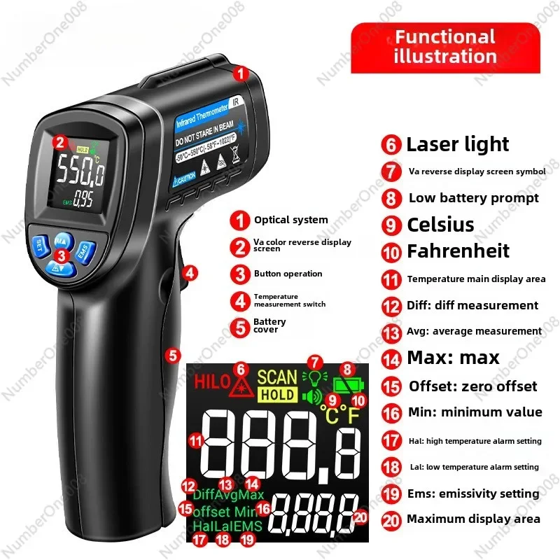 Infrared thermometer Color screen thermometer Industrial high-precision temperature measuring gun