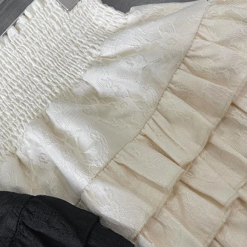 Minifaldas con volantes para mujer, ropa de calle de cintura alta Kawaii, falda de línea A de encaje, vestido de baile negro, moda coreana, Verano