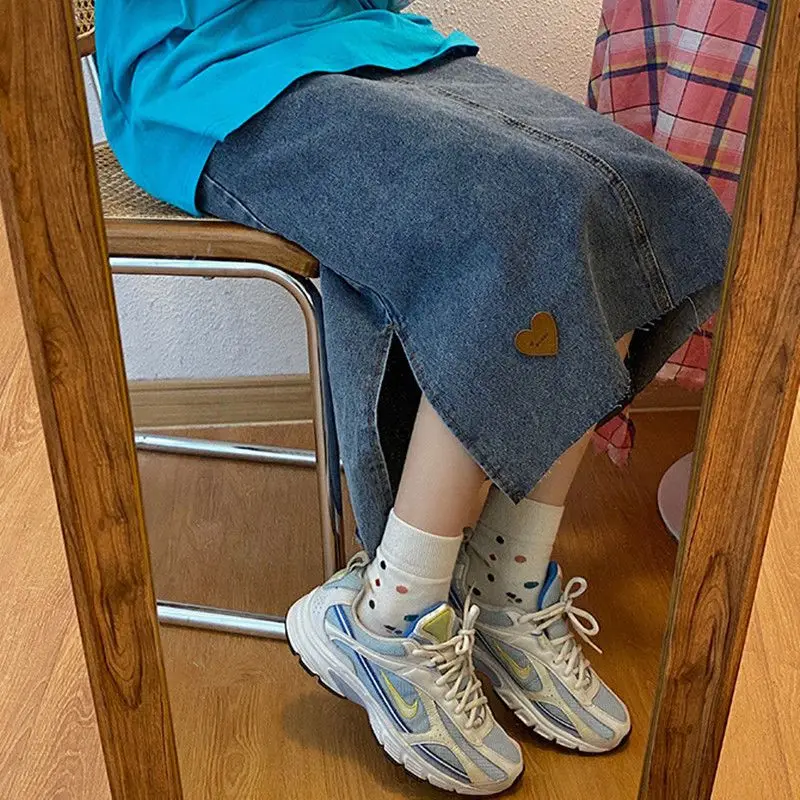 

Japan Denim Slit Skirt For Women Summer Literary Style Retro Hong Kong Style Versatile High-Waisted A-Line Skirt