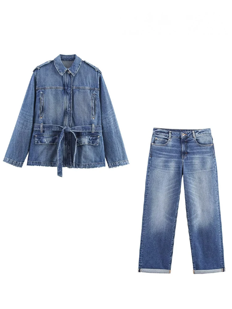 HH Women Denim Pant Sets Long Sleeves Belt Turn-Down Collar Coats+Loose Zipper Pockets High Waist Hemming Autumn Trousers