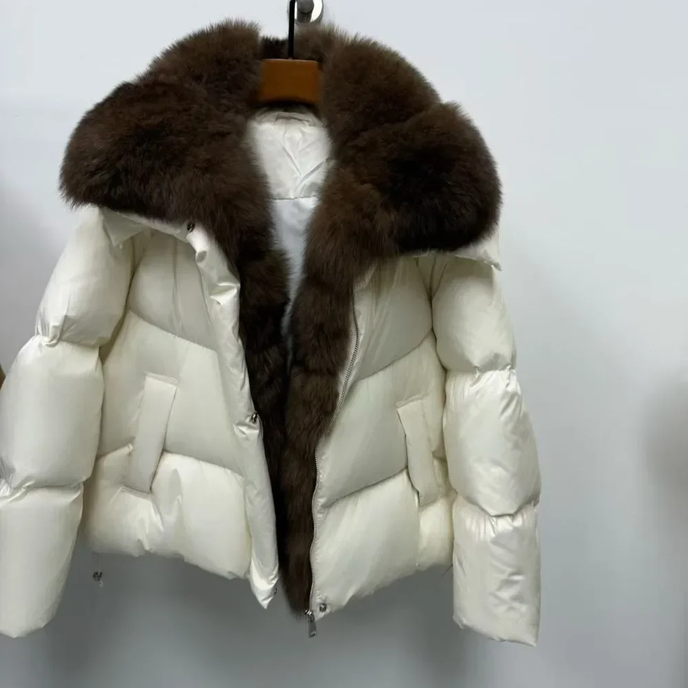 Invierno Real Natural piel de zorro cuello cálido suelto mujeres 90% pato blanco abajo chaqueta de gama alta grueso abajo abrigo corto acolchado