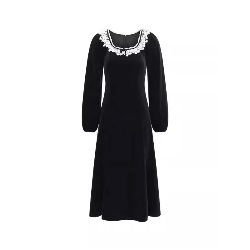 Elegante vestido de veludo francês quadrado pescoço vestido preto sereia maxi outfit com mangas compridas cintura fina roupa de noite para a primavera