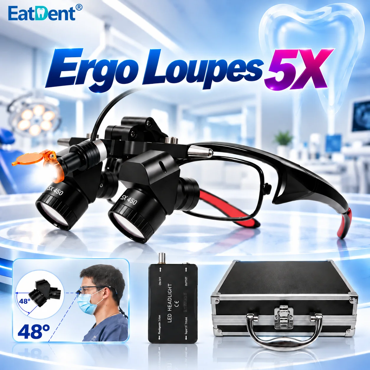 Dental 5X Ergo Loupes 48° Angled Optical Loupe Medical Magnifying Glass Wireless Magnifier With Headlight Dental Lab Equipment
