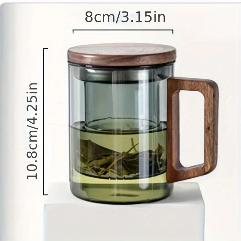 High Borosilicate Glass Tea Cup with Wooden Handle 3-Piece Set Infuser Strainer Large Capacity Home Use