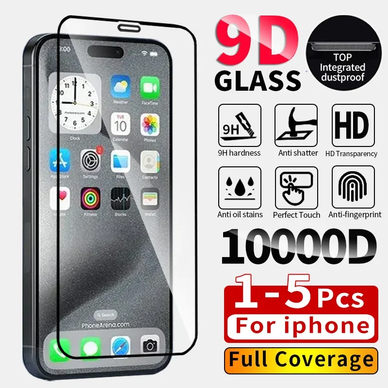 

1-5Pcs 9D Tempered Glass For iPhone 16 Pro Max 11 15 14 13 12 Mini Xr X Xs Max 7 8 Plus Se 6s 13 15 16 pro Max Screen Protector