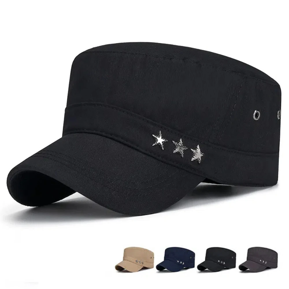 

Fashion Cotton Flat Top Hat Solid Stars Cadet Hat Men Grandpa Fishing Sunshade Hat Four Seasons