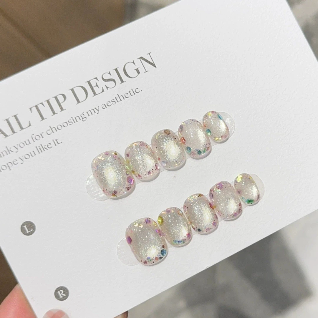 10pcs Short Summer Colorful Gemstone Fake Nails Cat Eye Press On Reusable Cute Decorated Short Korean False Nails Tips For Girls